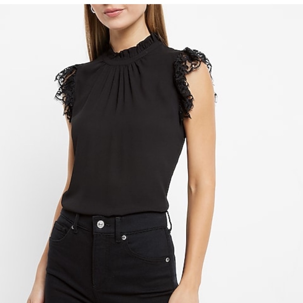 Ruffle mock neck lace sleeve